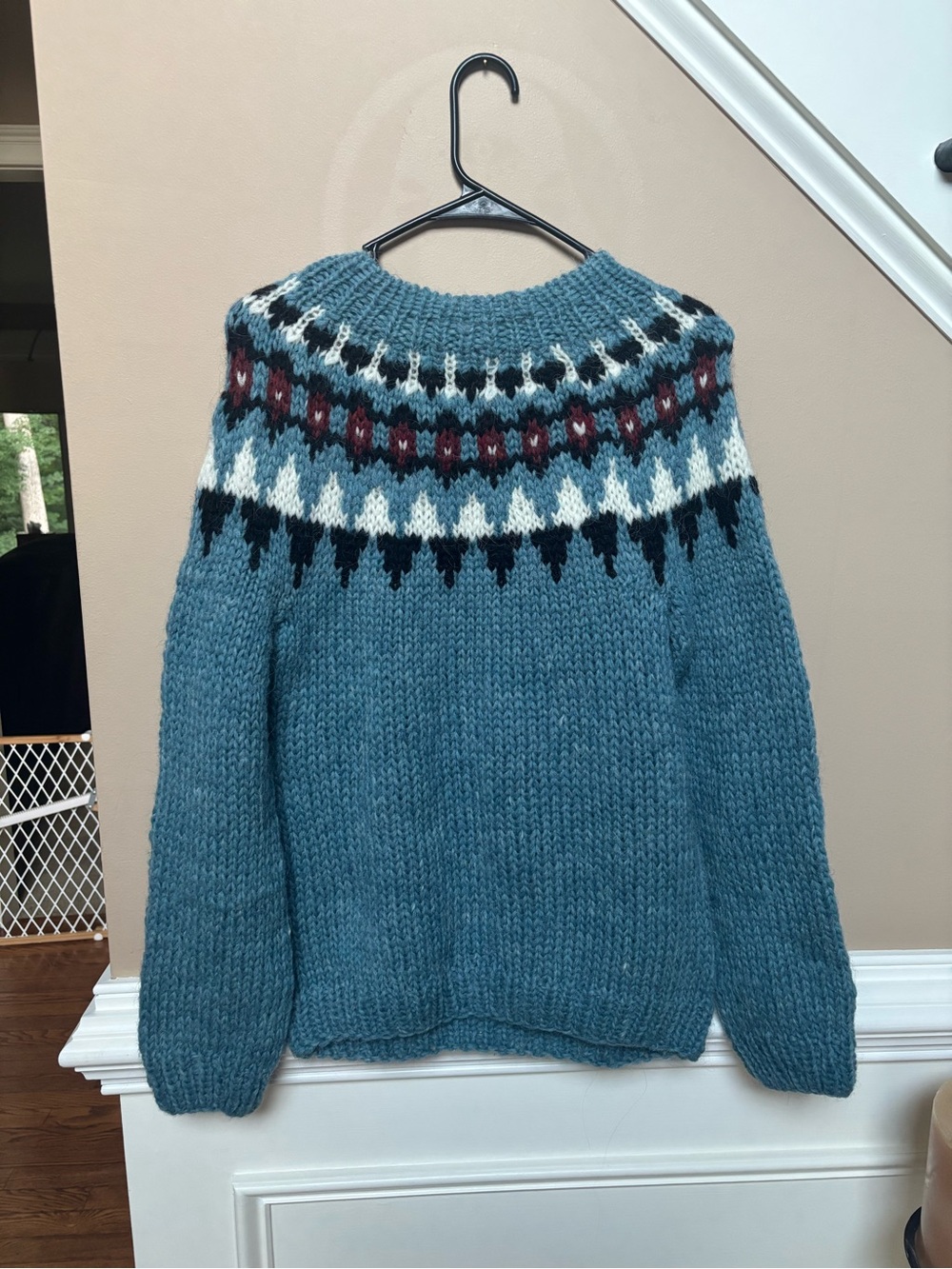 Authentic, Hand-Knit Chunky Sweater in Teal with Fair Isle Yoke FROM ICELAND